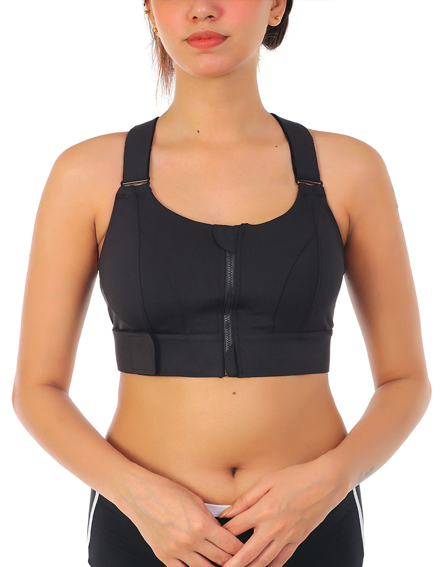 Pack of 3, PREMIUM QUALITY FRONT CLOSURE PADDED HIGH IMPACT SPORTS BRA WITH ADJUSTABLE WAIST BAND-BLACK