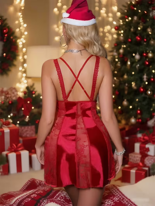 Women’s Sexy Christmas Nightgown with Red Lace Trim