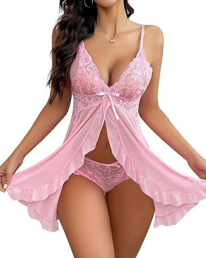 Women's Lace Sexy Ruffle Suspender Nightdress and Panty Set