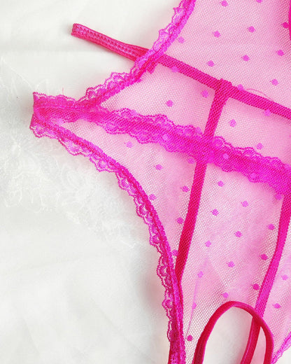 Sexy Floral Lace Bow Tie Open Crotch Hollow Polka Dot Mesh One-Piece Pajamas