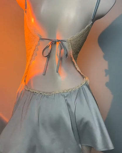 Women's V-Neck Lace Colorblock Ice Silk Bow Design Suspender Nightdress