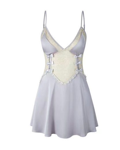 Women's V-Neck Lace Colorblock Ice Silk Bow Design Suspender Nightdress