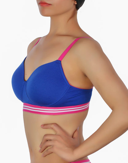 Pack of 3, LIGHTLY PADDED NON WIRED TSHIRT BRA WITH STRIPED ELASTIC WAIST BAND-BLUE
