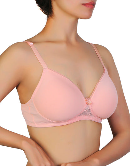Pack of 3, Wireless Go To T-Shirt Bra With a Touch Of Lace-PEACH PEARL