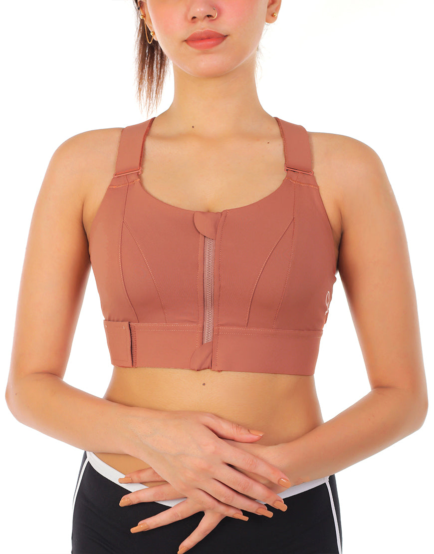 Pack of 3, PREMIUM QUALITY FRONT CLOSURE PADDED HIGH IMPACT SPORTS BRA WITH ADJUSTABLE WAIST BAND-RUST