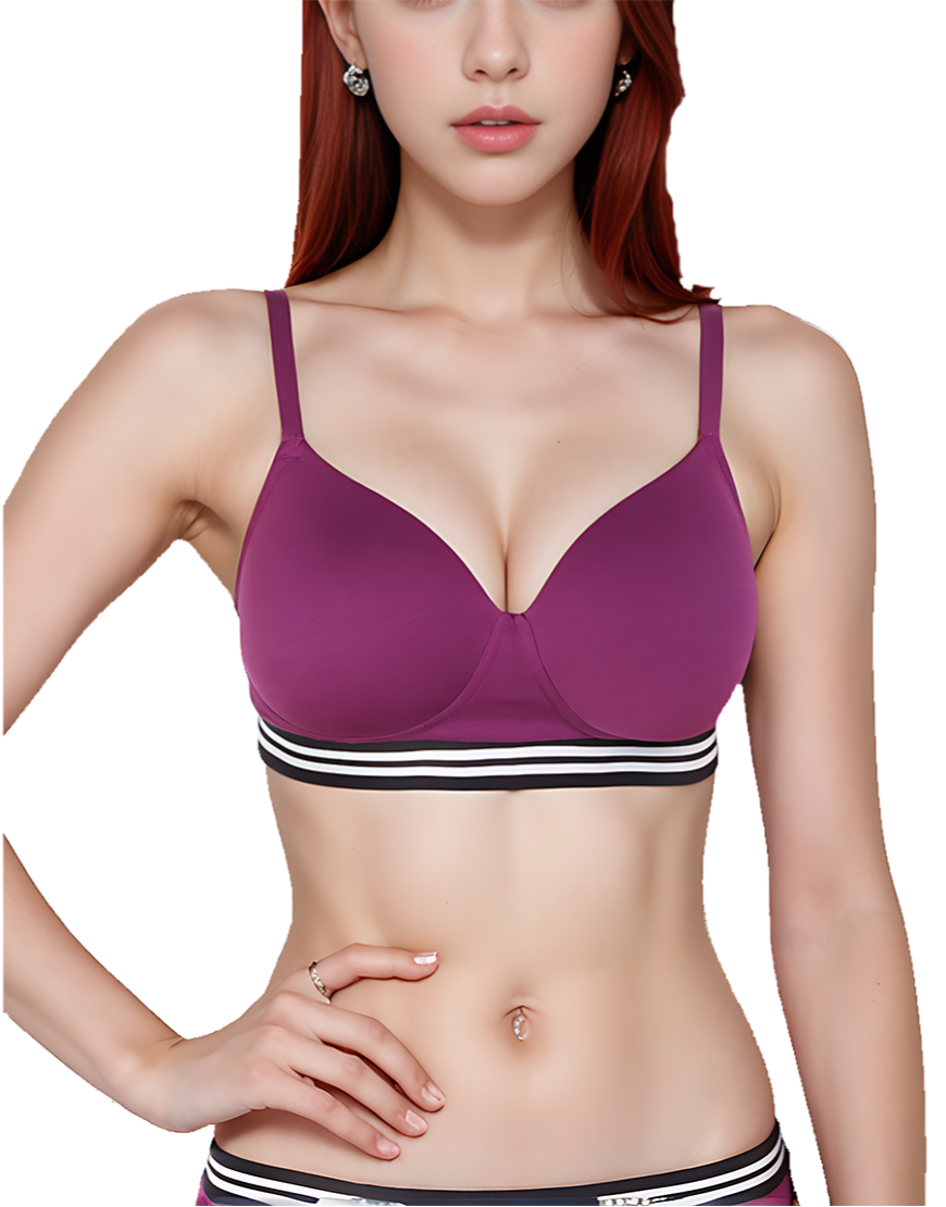 Pack of 3, LIGHTLY PADDED NON WIRED TSHIRT BRA WITH STRIPED ELASTIC WAIST BAND-PURPLE