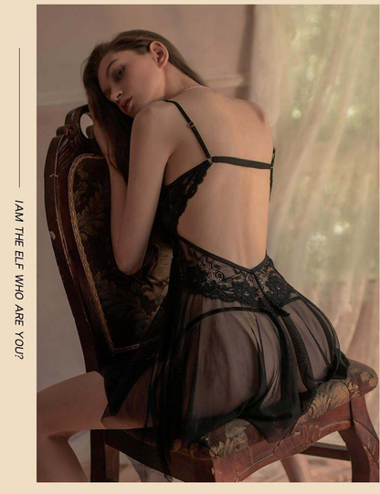 Women Sexy Nightdress Sleepwear Lace with Front Buttoned Steel Ring Pajamas Mesh See-through Temptation Sleepwear