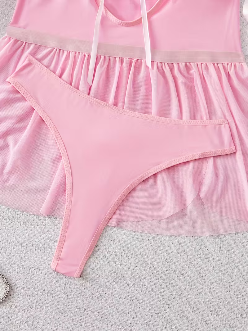 Elegant Pink Lace Off-Shoulder Lingerie Set with Garter & Gloves