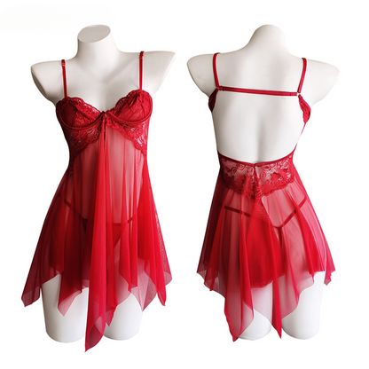 Women Sexy Nightdress Sleepwear Lace with Front Buttoned Steel Ring Pajamas Mesh See-through Temptation Sleepwear