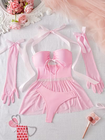 Elegant Pink Lace Off-Shoulder Lingerie Set with Garter & Gloves