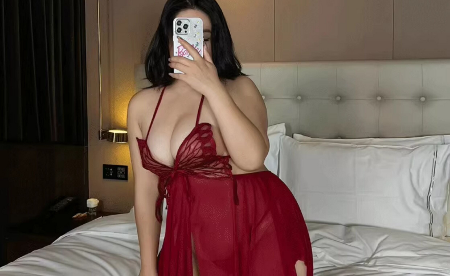 Sexy Butterfly Neckline Mesh Nightgown Set Mid-Length Home Clothes for Women