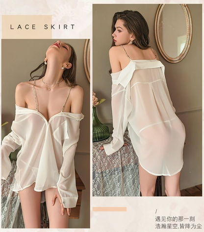 Plus Size Sexy Chain Strap Off-Shoulder Sheer Nightdress