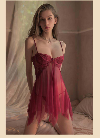 Women Sexy Nightdress Sleepwear Lace with Front Buttoned Steel Ring Pajamas Mesh See-through Temptation Sleepwear